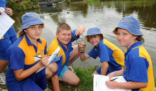 Carley Nichols, Lauchlan Johnston, Ben Iddles, Alisha Gaskin, from Two Mile State School look at water quality in Lake Alford. Carley Nichols, Lauchlan Johnston, Ben Iddles, Alisha Gaskin, from Two Mile State School look at water quality in Lake Alford.